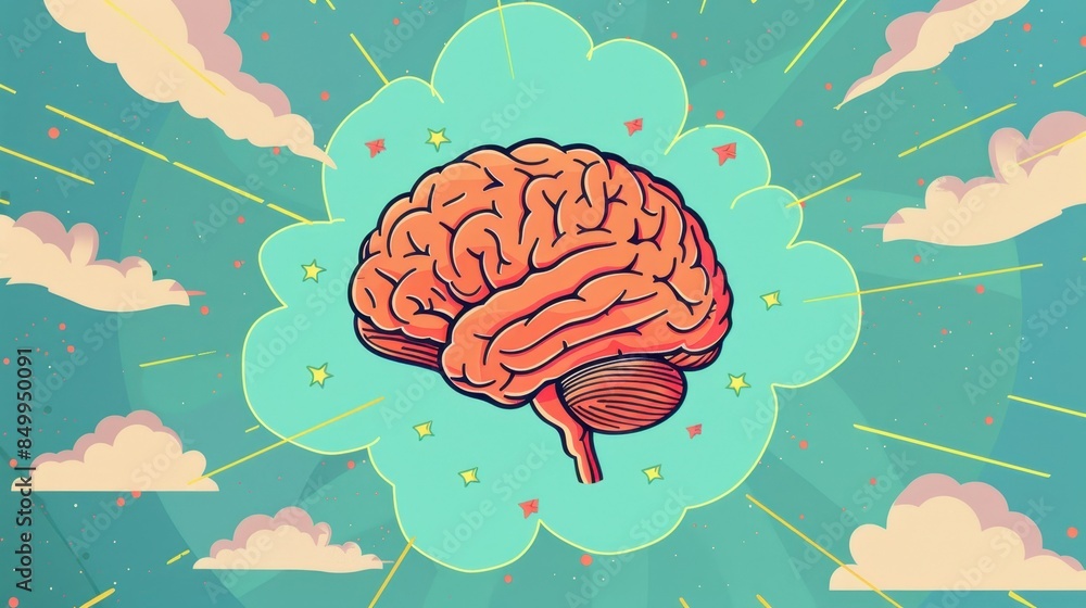 Poster a brain with a speech bubble above it. the speech bubble is in the middle of the brain and is writte