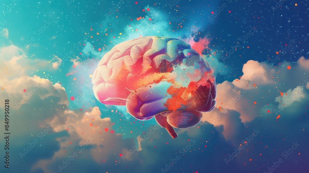 Poster a brain with a speech bubble above it. the speech bubble is in the middle of the brain and is writte