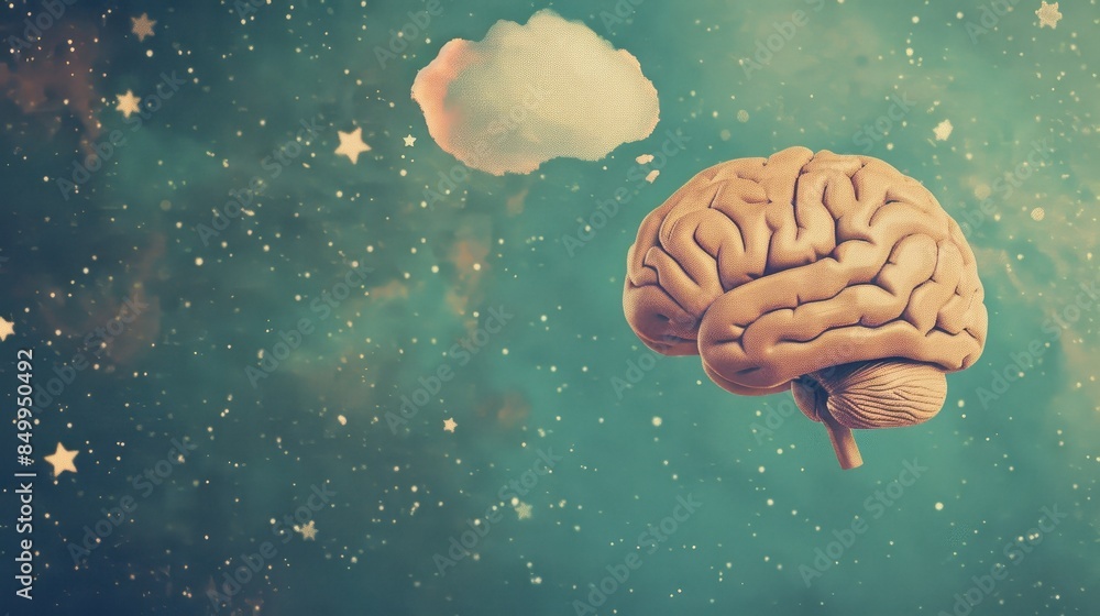 Poster a brain with a speech bubble above it. the speech bubble is in the middle of the brain and is writte