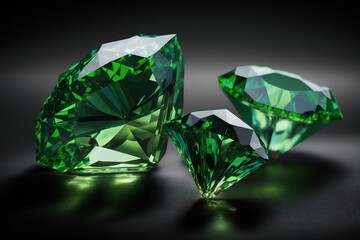Green diamonds on a black background. 3d rendering. Computer digital drawing.