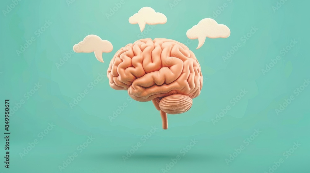 Poster a brain with a speech bubble above it. the speech bubble is in the middle of the brain and is writte