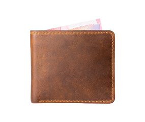 brown leather wallet with money isolated