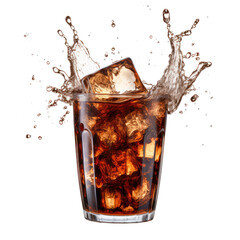 Glass of cola with splash isolated on transparent white background, clipping path 