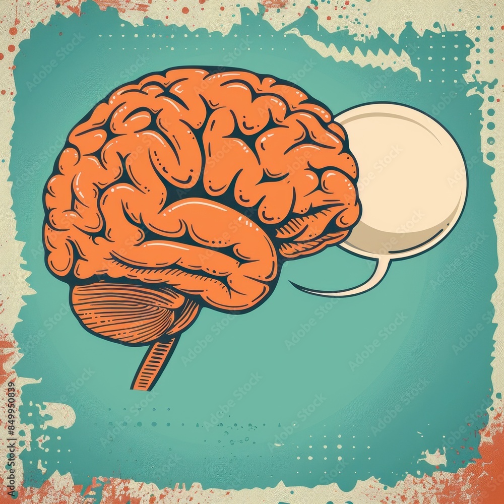 Poster a brain with a speech bubble above it. the speech bubble is in the middle of the brain and is writte