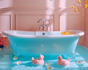 Naklejka premium Modern bathroom bathtub, cinematic shot, fine hygiene product details, foam animals, happy and innocent atmosphere, lively colors