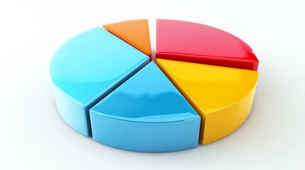 Fototapeta premium Colorful 3D pie chart with distinct segments, on a white flat background, clean design, clear text space for labels, professional and polished appearance