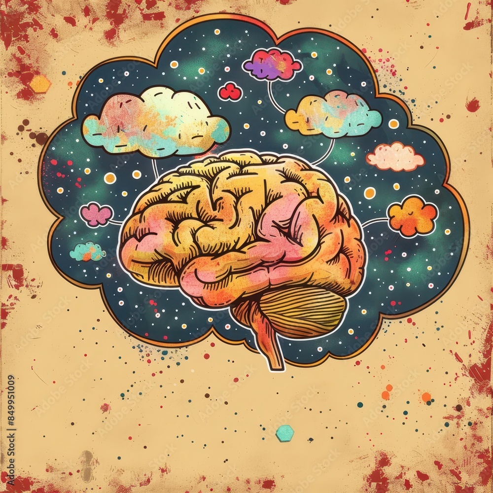 Poster a brain with a speech bubble above it. the speech bubble is in the middle of the brain and is writte