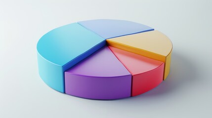 Obraz premium Colorful 3D pie chart with distinct segments, on a white flat background, clean design, clear text space for labels, professional and polished appearance