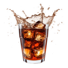 Glass of cola with splash isolated on transparent white background, clipping path 