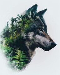 Double exposure of a wolf and a lush forest, symbolizing the connection between wildlife and nature's vibrant greenery in harmonious coexistence.