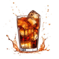 Glass of cola with splash isolated on transparent white background, clipping path 
