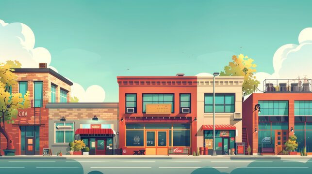 Charming illustration of colorful storefronts on a small town main street, depicting a vibrant and welcoming community.
