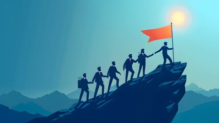 A group of people are standing on a mountain, holding a red flag. The flag is pointing towards the sun. Concept of teamwork and accomplishment, as the group is working together to reach a goal