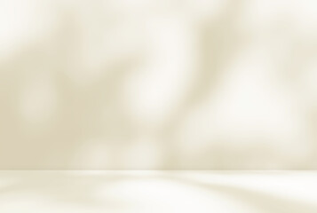 Empty cream beige room studio with shadow of leaves for product presentation. Autumn background. Summer tropical backdrop. Cosmetic showroom.	