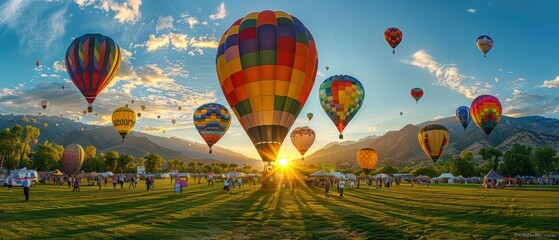 Fototapeta premium A colorful hot air balloon festival at sunrise, balloons of various patterns filling the sky, mountains in the background, wide-angle, vibrant and celebratory., Leading lines, centered in frame,