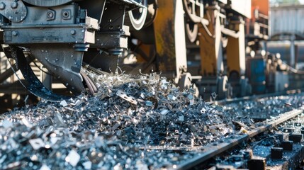 A large machine crushes old solar panels into smaller pieces making it easier to recycle.