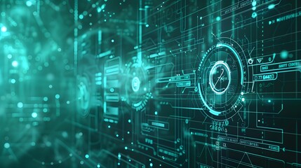 A computer screen with a green background and a large circle in the middle. The circle is surrounded by smaller circles and lines. Concept of technology and complexity, with the green background