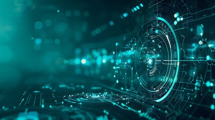 A computer screen with a blue background and a green circle in the center. The circle is surrounded by a lot of small squares and lines. The image gives off a futuristic and technological vibe