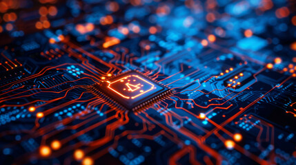 Fototapeta premium A glowing microchip at the center of an intricate high-tech circuit board, symbolizing advanced computing and technology.