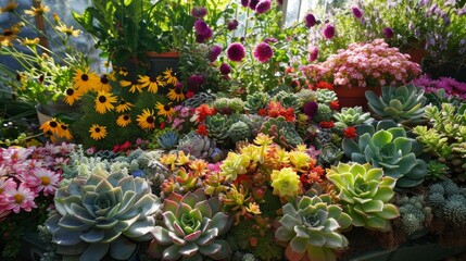 Fototapeta premium A stunning array of sunloving flowers and succulents all flourishing under the energyefficient and sustainable system of the solarpowered greenhouse.