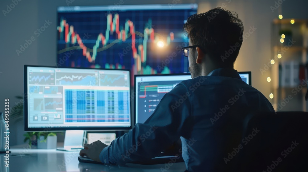Poster a man is sitting at a desk with two computer monitors in front of him. he is wearing glasses and he 