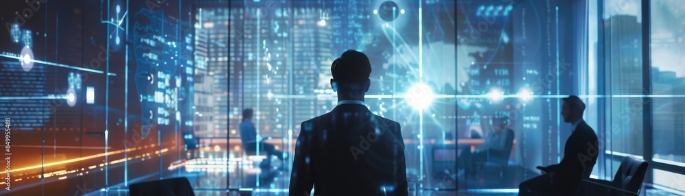 Poster a man is standing in front of a screen with a group of people on it. he is holding his hands out, as