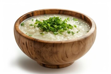 simple rice porridge on wooden bowl with white background