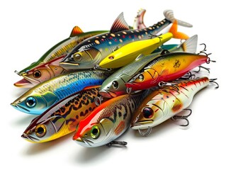 A variety pack of fishing lures including crankbaits, white background