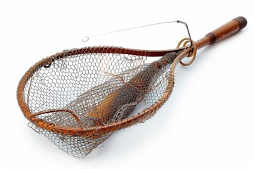 Obraz premium A collapsible fishing net with a long handle and a rubberized netting, white background