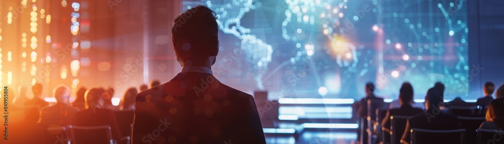 Poster a man is standing in front of a screen with a group of people on it. he is holding his hands out, as