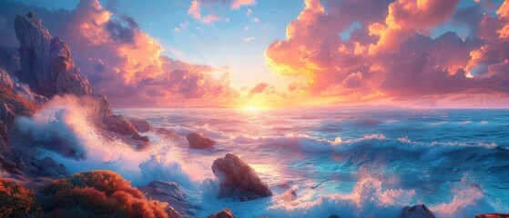 A dramatic coastal cliffside at sunset, waves crashing against rocks, sky painted with vibrant hues, wide-angle, awe-inspiring and powerful., Leading lines, centered in frame, natural light