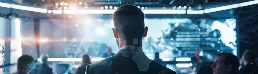 Poster a man is standing in front of a screen with a group of people on it. he is holding his hands out, as