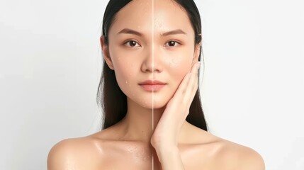 Naklejka premium A young woman with clear skin on one side of her face, and less clear skin on the other.