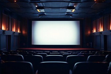 Empty Cinema Hall with Blue Interior and Blank White Screen Mockup