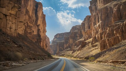 road through a canyon with towering cliffs on both sides