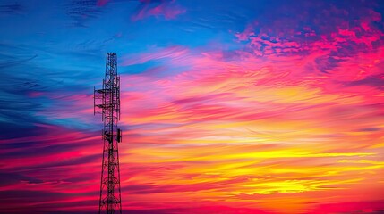 Obraz premium Cell tower silhouetted against vibrant sunset with colorful sky