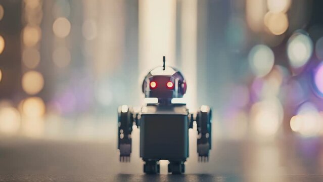 A small robot and children along the way. bright lights. Generated AI