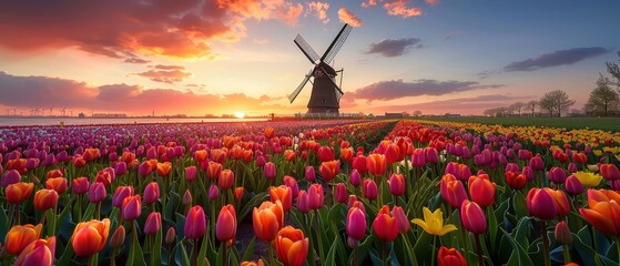 A picturesque windmill in a tulip field at sunrise, vibrant tulips in full bloom, soft golden light, wide-angle, dreamy and colorful., Leading lines, centered in frame, natural light