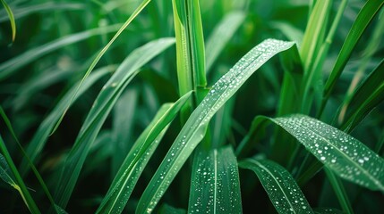 Fototapeta premium Close-up of fresh and vibrant sugar cane leaves in lush agricultural field
