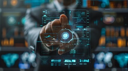 A man is pointing at a screen with a green circle on it