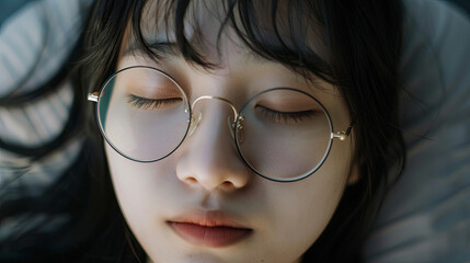 Fototapeta premium close up of the face and glasses of an Asian girl, generative AI