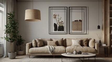 A modern living room with a sofa, wooden coffee table, and minimalist decor. The room features framed art pieces on the wall, a lamp, a potted plant.