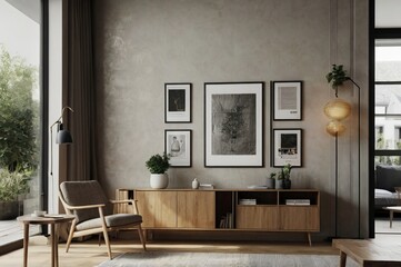 A modern living room with minimalist decor. It features a wooden sideboard with various framed artworks on the wall above it. There is a comfortable armchair, a floor lamp, and a potted plant.