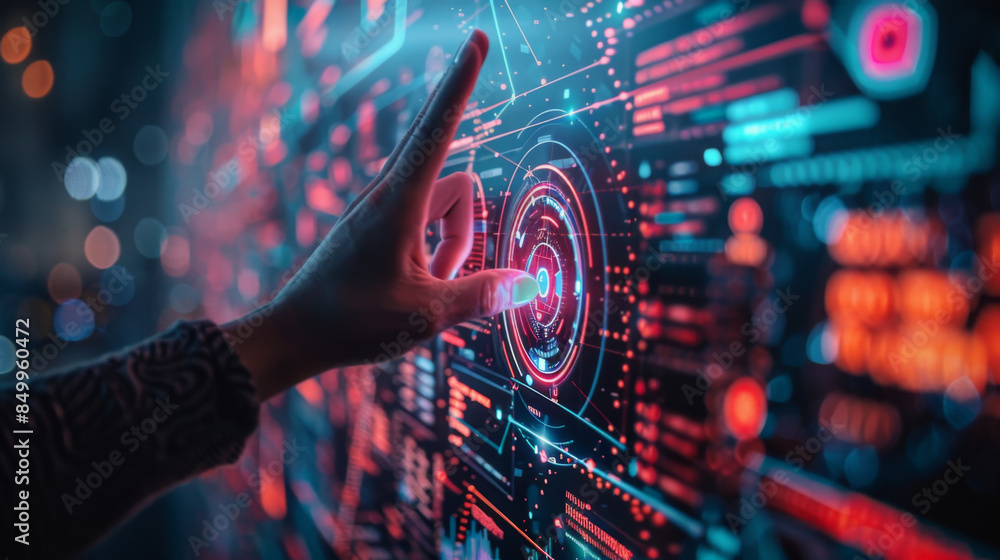 Poster hand touching a futuristic digital interface, representing advanced technology, data interaction, an