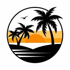 Obraz premium Beach with palms tree black silhouette and morning sun