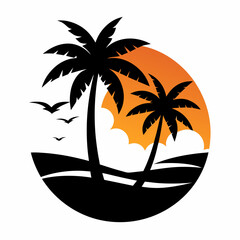 Beach with palms tree black silhouette and morning sun