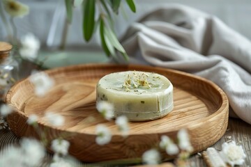Ecofriendly shampoo bar with natural ingredients on a wooden tray, side view, emphasizing sustainability and simplicity, digital tone, Analogous Color Scheme