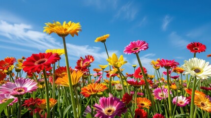 A field of mixed gerbera daisies in various colors, under a clear blue sky, showcasing natural beauty and liveliness. --ar 16:9 --style raw Job ID: a5da35dc-99fa-410f-9249-3202cde5a005