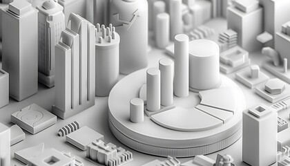 A cityscape with tall buildings and a white circle with a pie chart on it