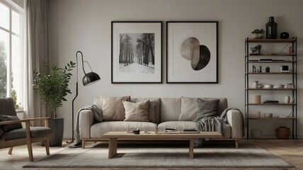 A modern living room with a sofa, wooden coffee table, and minimalist decor. The room features framed art pieces on the wall, a floor lamp, a potted plant, and a shelving unit with various items